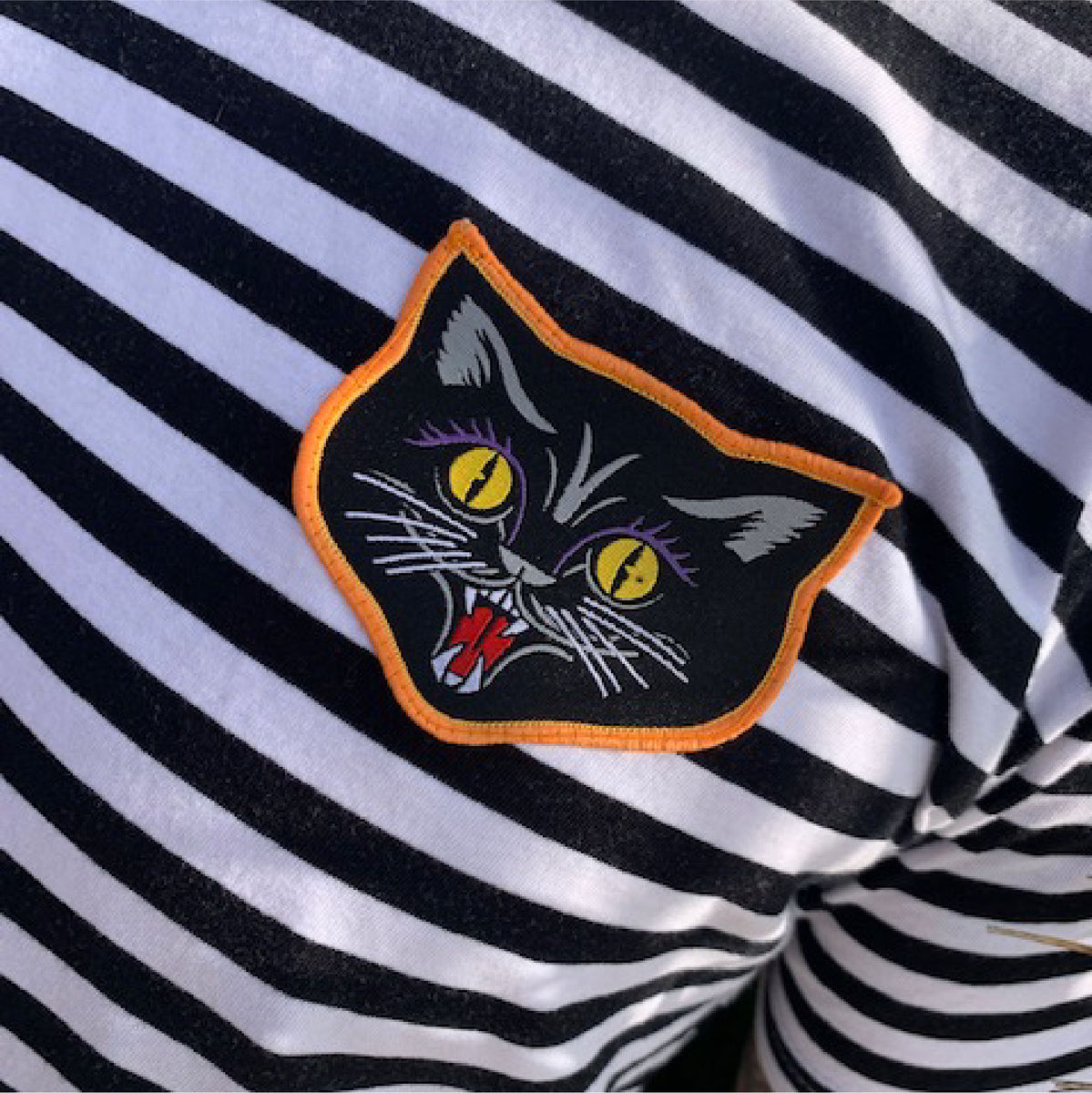 Women s Emo Striped Shirt with Traditional Black Cat Patch